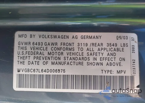 2004 Volkswagen Touareg V6 from USA, damaged, VIN WVGBC67L64D006575